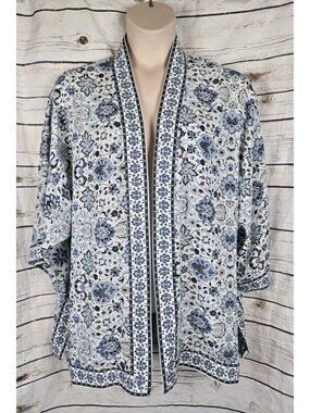 Max Studio Blue Floral Kimono Jacket 2X Open Womens Boho Cottagecore